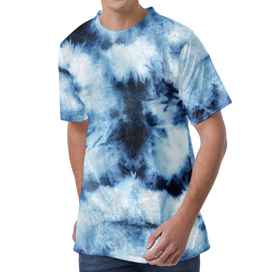 Blue And Black Acid Wash Tie Dye Print Men's Velvet T-Shirt