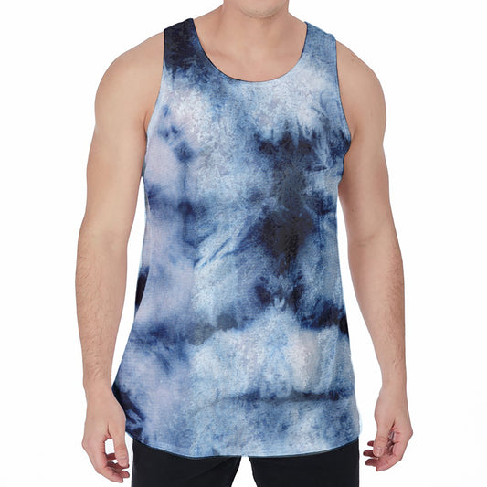 Blue And Black Acid Wash Tie Dye Print Men's Velvet Tank Top