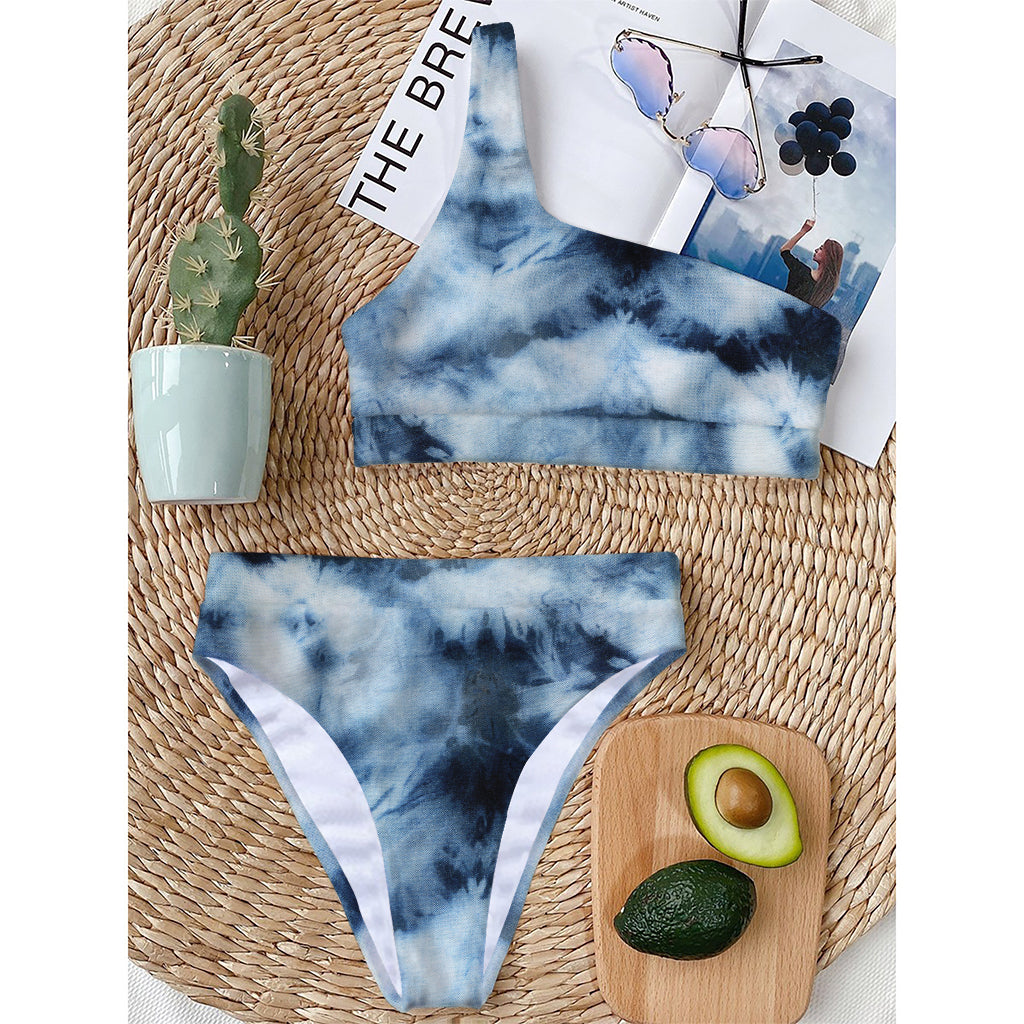 Blue And Black Acid Wash Tie Dye Print One Shoulder Bikini Top