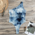 Blue And Black Acid Wash Tie Dye Print One Shoulder Bodysuit