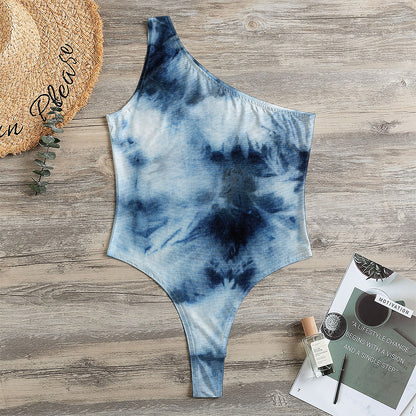 Blue And Black Acid Wash Tie Dye Print One Shoulder Bodysuit