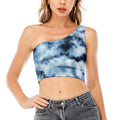 Blue And Black Acid Wash Tie Dye Print One Shoulder Crop Top