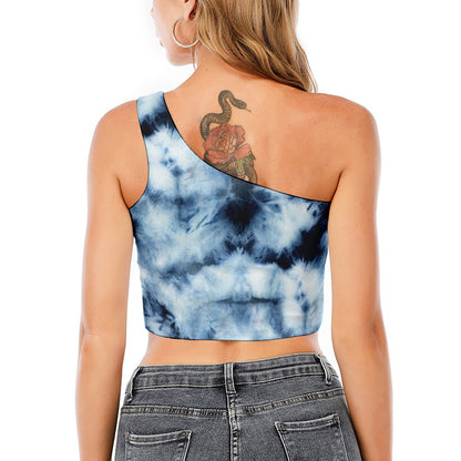 Blue And Black Acid Wash Tie Dye Print One Shoulder Crop Top