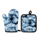 Blue And Black Acid Wash Tie Dye Print Oven Mitt And Pot Holder Set