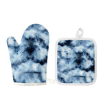 Blue And Black Acid Wash Tie Dye Print Oven Mitt And Pot Holder Set