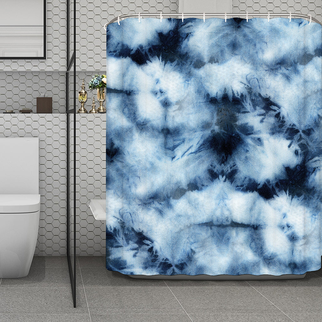 Blue And Black Acid Wash Tie Dye Print Polyester Shower Curtain