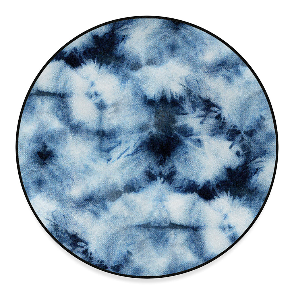 Blue And Black Acid Wash Tie Dye Print Round Floor Mat