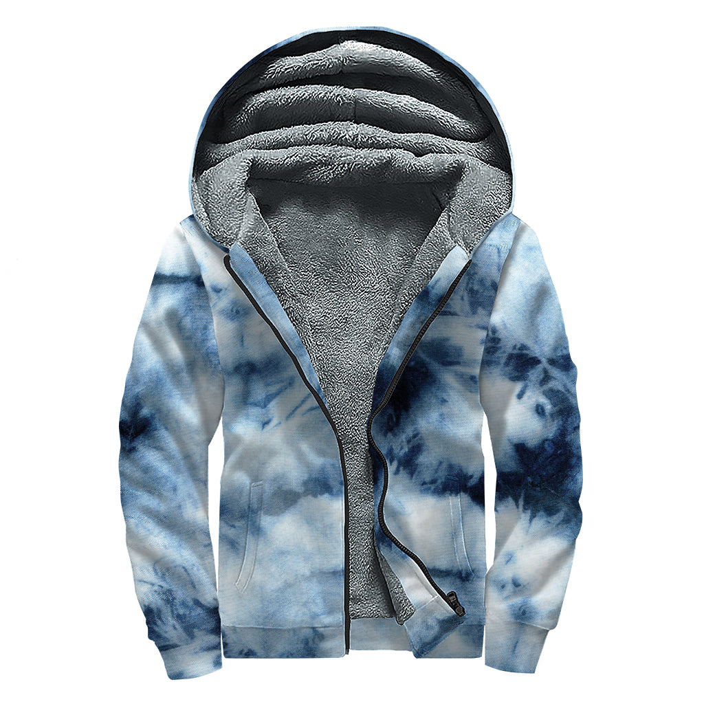 Blue And Black Acid Wash Tie Dye Print Sherpa Lined Zip Up Hoodie
