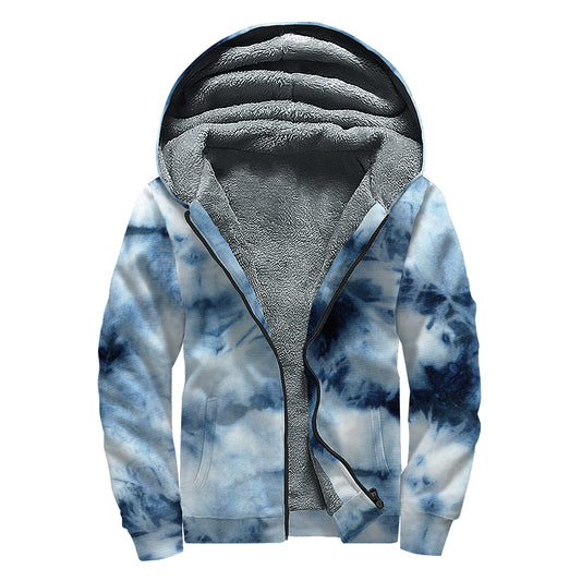 Blue And Black Acid Wash Tie Dye Print Sherpa Lined Zip Up Hoodie