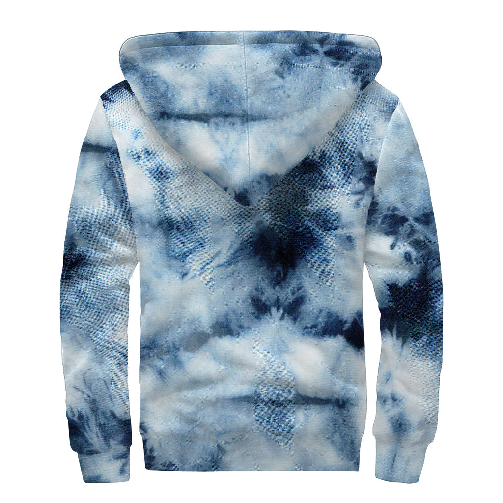 Blue And Black Acid Wash Tie Dye Print Sherpa Lined Zip Up Hoodie