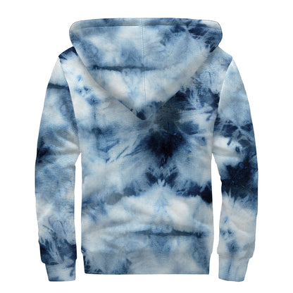 Blue And Black Acid Wash Tie Dye Print Sherpa Lined Zip Up Hoodie