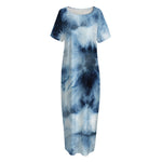 Blue And Black Acid Wash Tie Dye Print Short Sleeve Long Nightdress