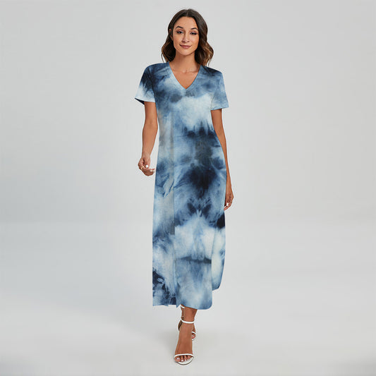 Blue And Black Acid Wash Tie Dye Print Short Sleeve Maxi Dress