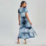 Blue And Black Acid Wash Tie Dye Print Short Sleeve Maxi Dress