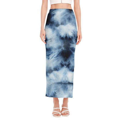 Blue And Black Acid Wash Tie Dye Print Side Slit Maxi Skirt