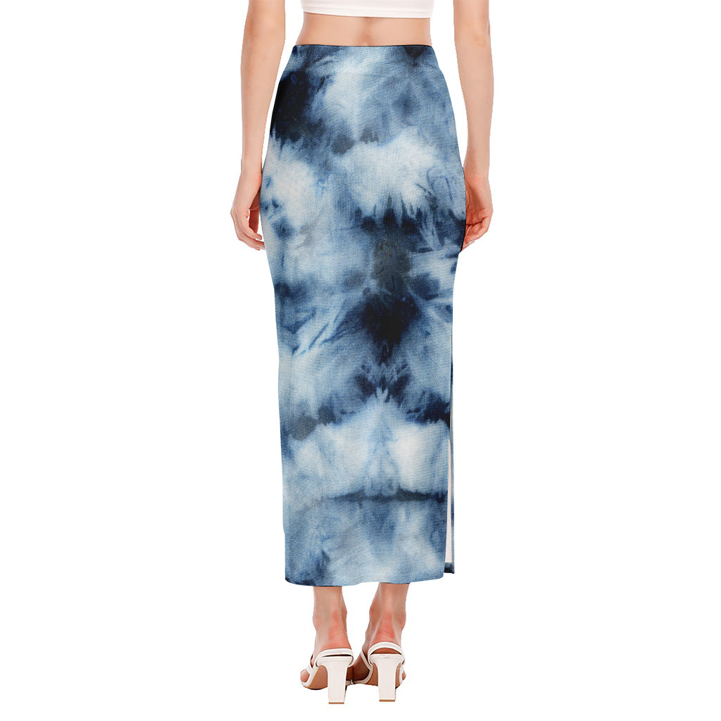 Blue And Black Acid Wash Tie Dye Print Side Slit Maxi Skirt