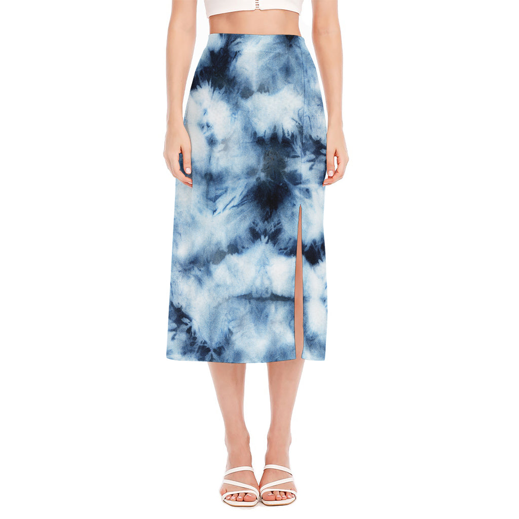 Blue And Black Acid Wash Tie Dye Print Side Slit Midi Skirt