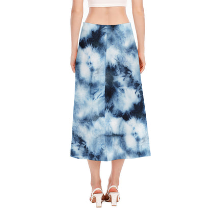 Blue And Black Acid Wash Tie Dye Print Side Slit Midi Skirt