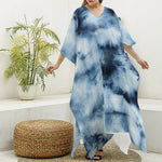 Blue And Black Acid Wash Tie Dye Print Silk V-Neck Kaftan Dress