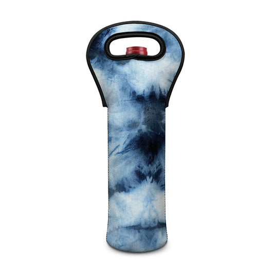 Blue And Black Acid Wash Tie Dye Print Single Neoprene Wine Tote