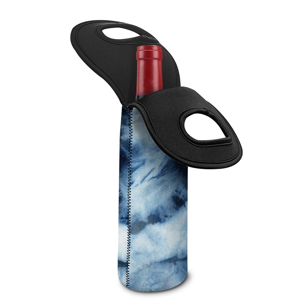 Blue And Black Acid Wash Tie Dye Print Single Neoprene Wine Tote