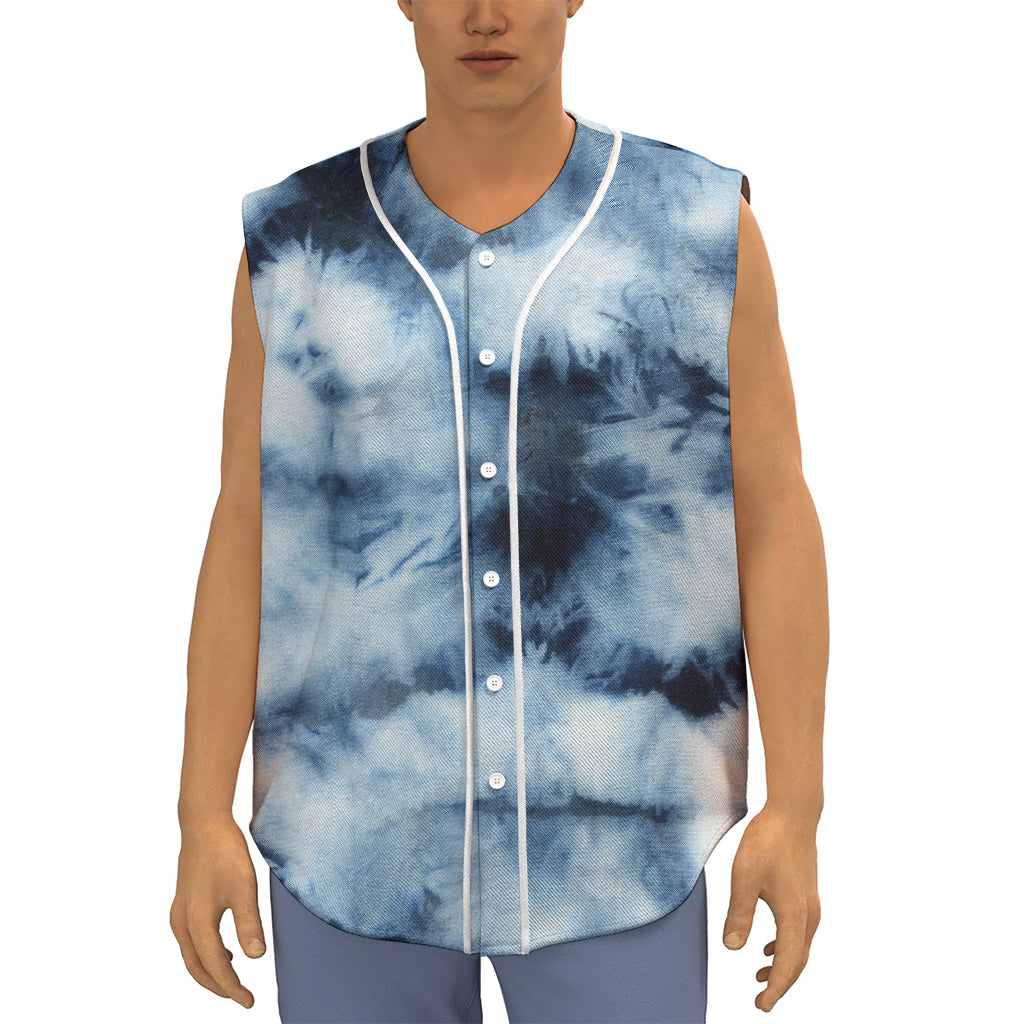 Blue And Black Acid Wash Tie Dye Print Sleeveless Baseball Jersey