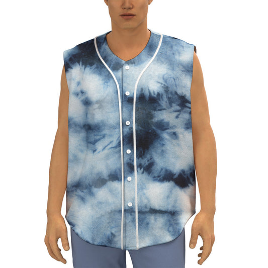 Blue And Black Acid Wash Tie Dye Print Sleeveless Baseball Jersey