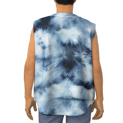 Blue And Black Acid Wash Tie Dye Print Sleeveless Baseball Jersey