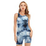 Blue And Black Acid Wash Tie Dye Print Sleeveless One Piece Swimsuit