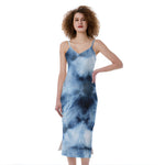 Blue And Black Acid Wash Tie Dye Print Slim Fit Midi Cami Dress