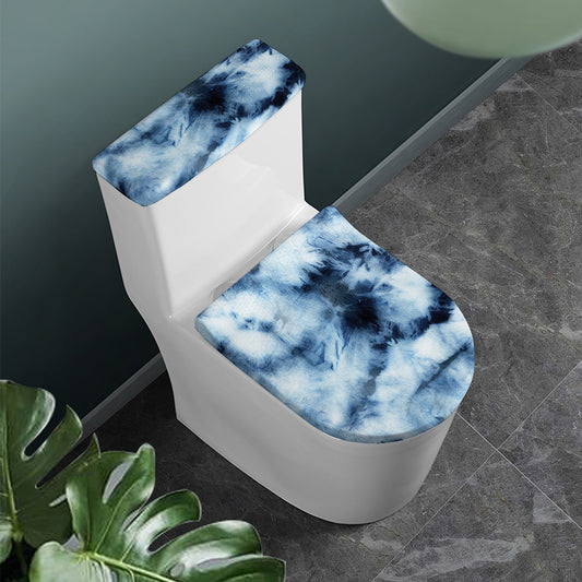 Blue And Black Acid Wash Tie Dye Print Toilet Lid And Tank Cover Set