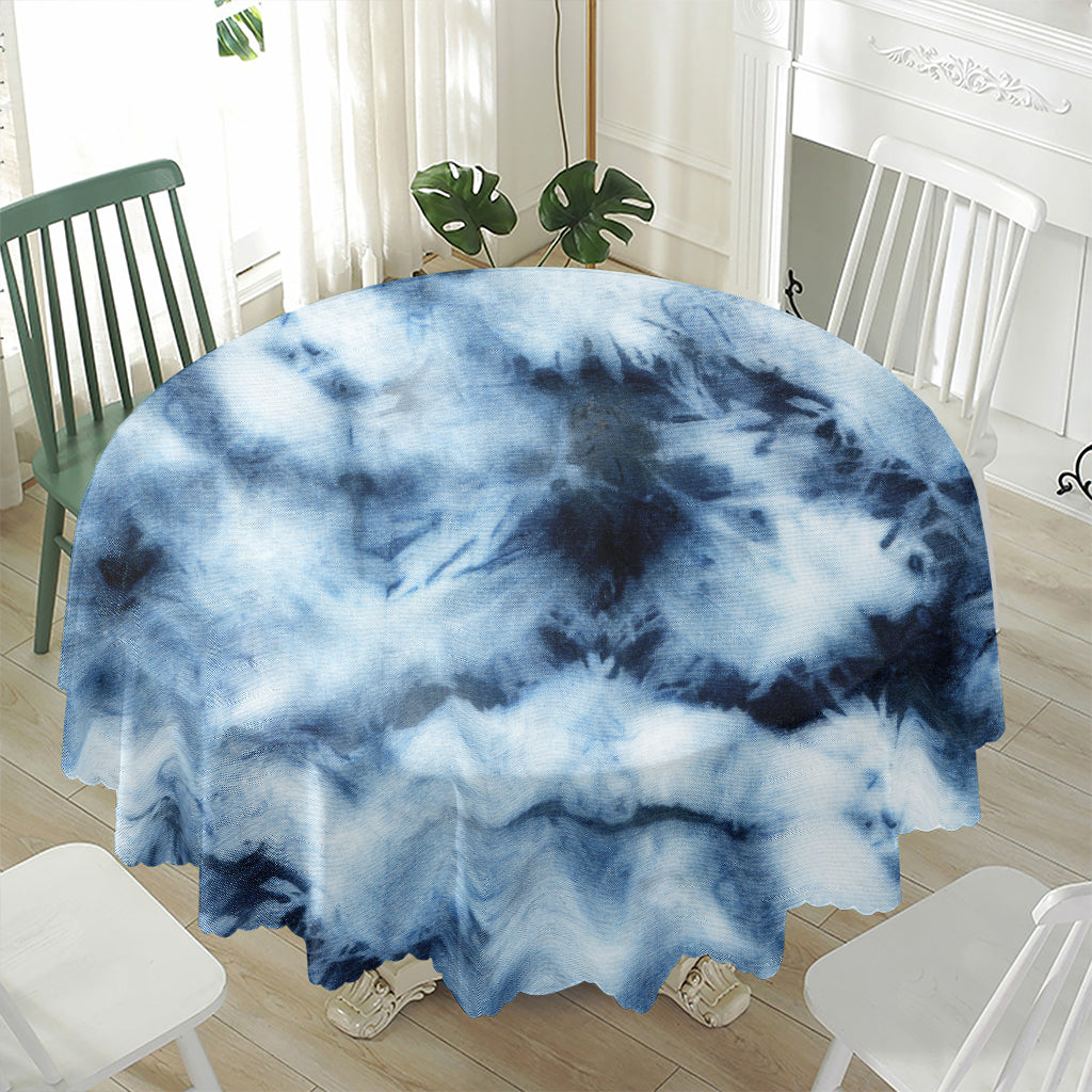 Blue And Black Acid Wash Tie Dye Print Waterproof Round Tablecloth