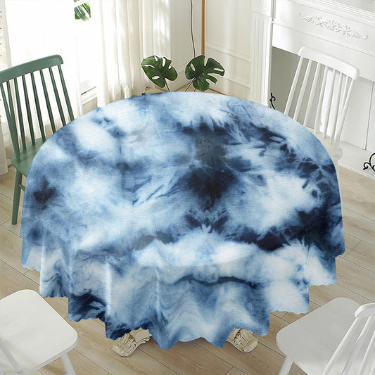 Blue And Black Acid Wash Tie Dye Print Waterproof Round Tablecloth