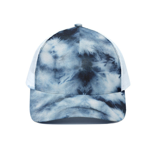 Blue And Black Acid Wash Tie Dye Print White Mesh Trucker Cap