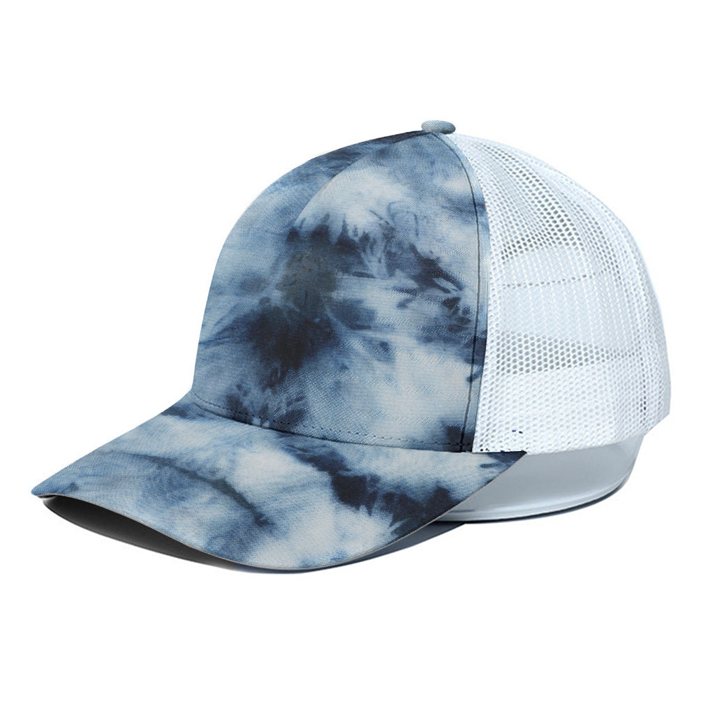 Blue And Black Acid Wash Tie Dye Print White Mesh Trucker Cap