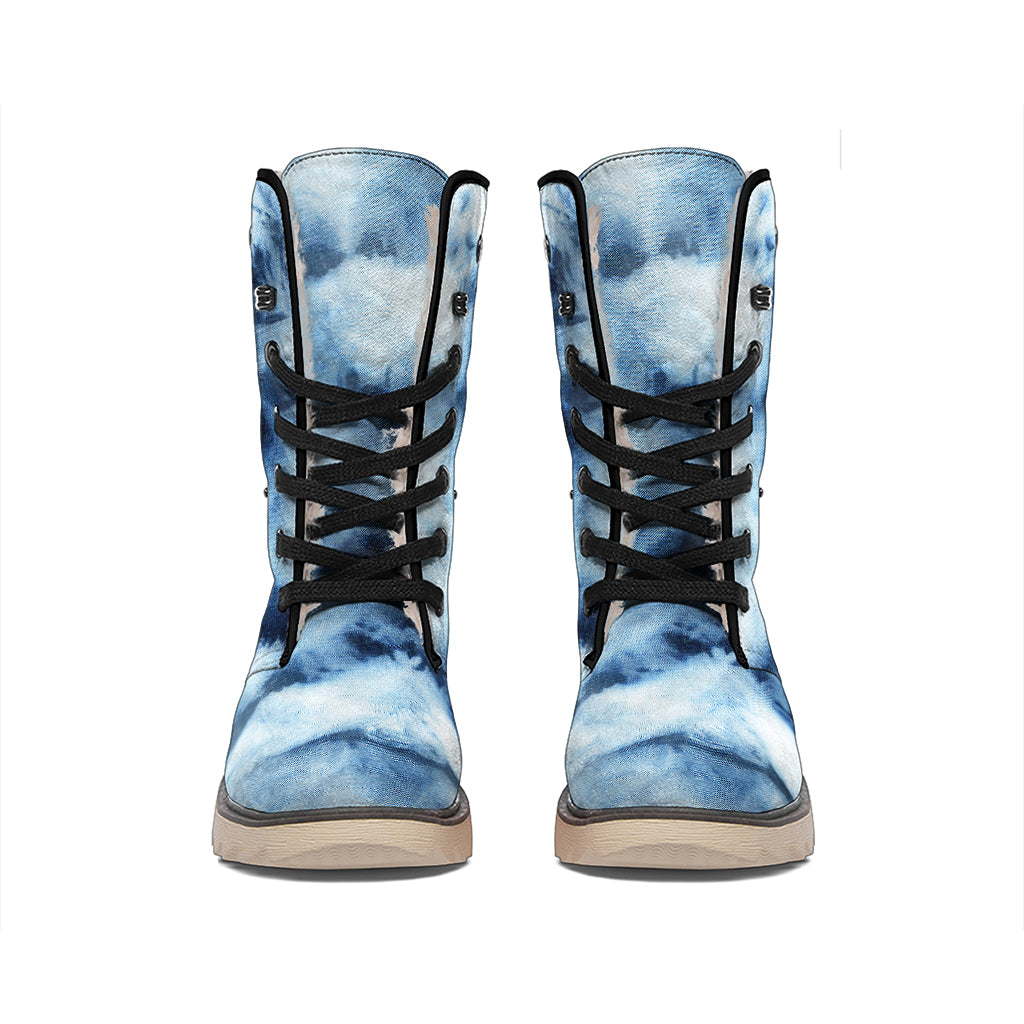 Blue And Black Acid Wash Tie Dye Print Winter Boots
