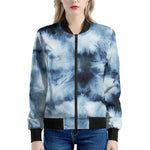 Blue And Black Acid Wash Tie Dye Print Women's Bomber Jacket