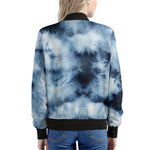 Blue And Black Acid Wash Tie Dye Print Women's Bomber Jacket