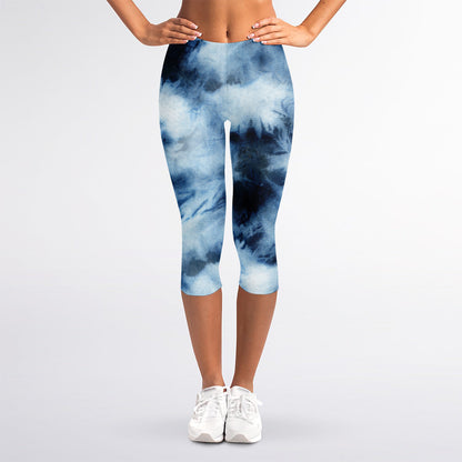 Blue And Black Acid Wash Tie Dye Print Women's Capri Leggings