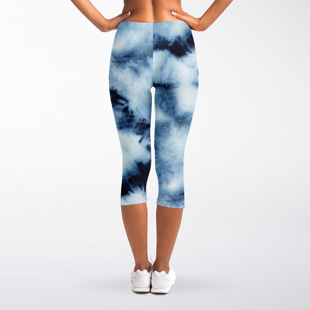 Blue And Black Acid Wash Tie Dye Print Women's Capri Leggings