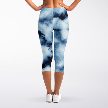 Blue And Black Acid Wash Tie Dye Print Women's Capri Leggings