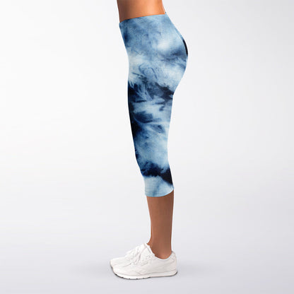 Blue And Black Acid Wash Tie Dye Print Women's Capri Leggings