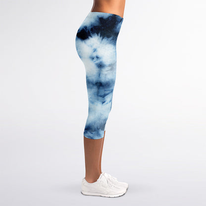 Blue And Black Acid Wash Tie Dye Print Women's Capri Leggings