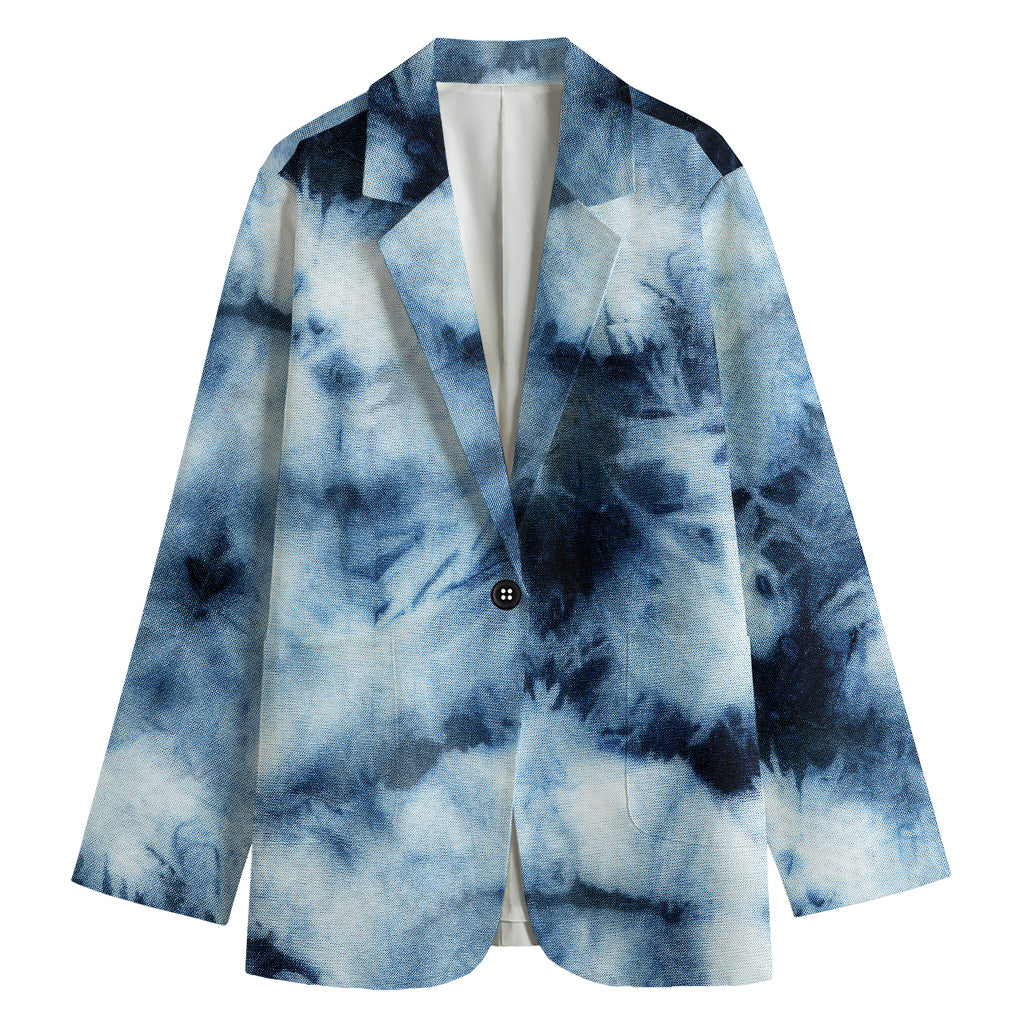 Blue And Black Acid Wash Tie Dye Print Women's Cotton Blazer