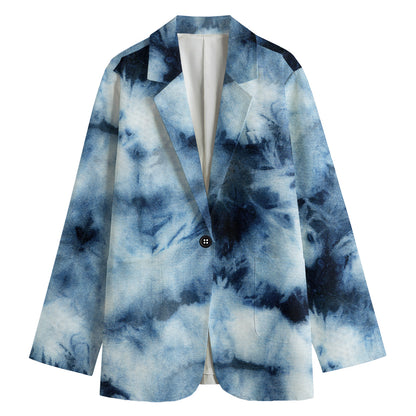 Blue And Black Acid Wash Tie Dye Print Women's Cotton Blazer