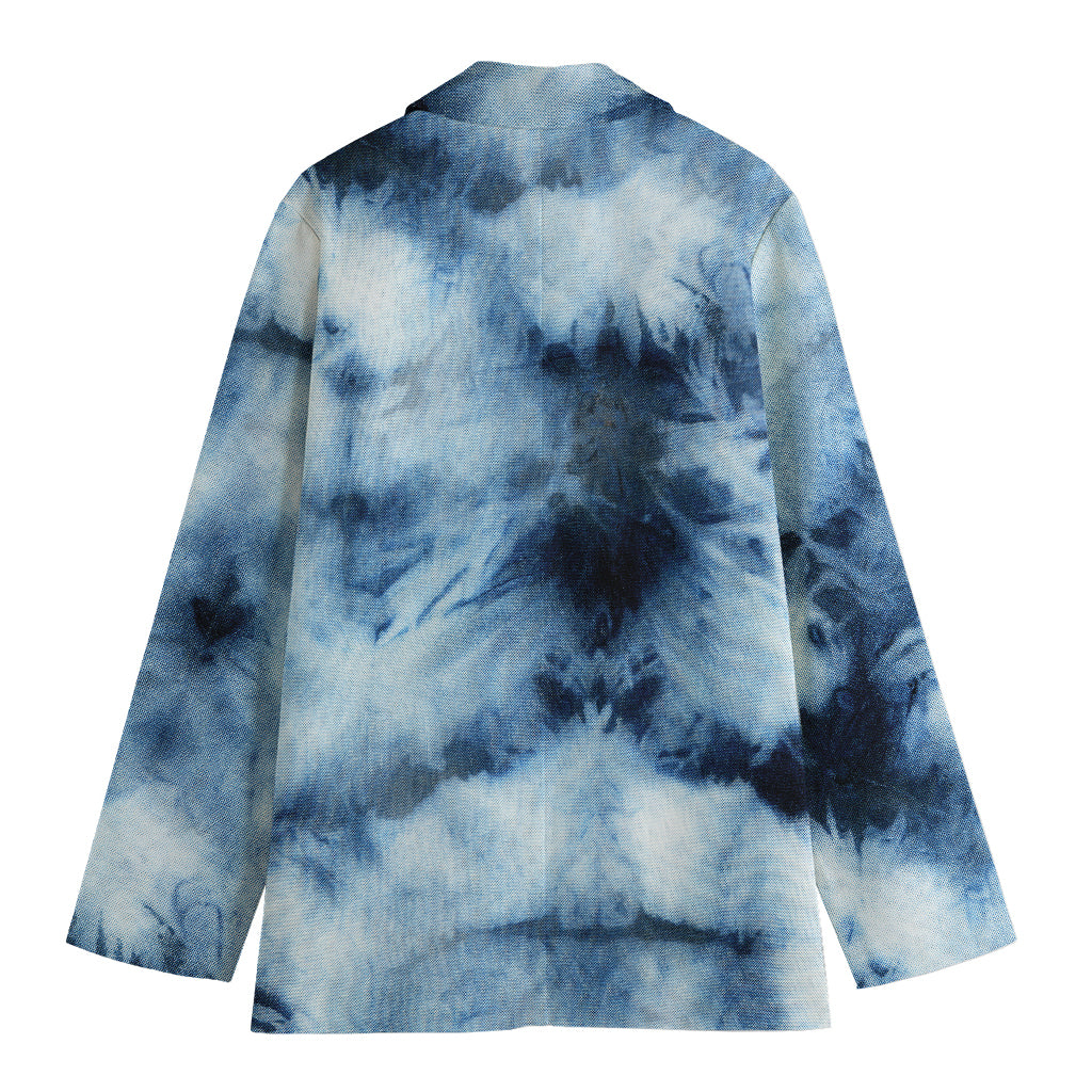 Blue And Black Acid Wash Tie Dye Print Women's Cotton Blazer