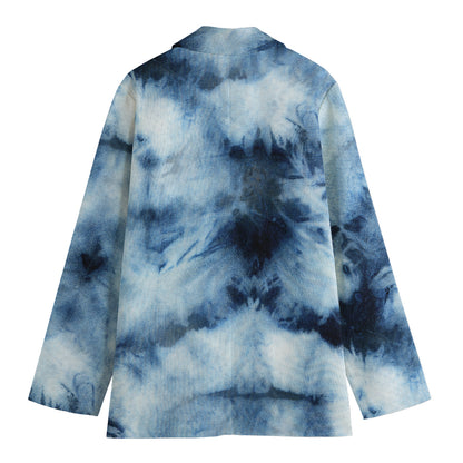 Blue And Black Acid Wash Tie Dye Print Women's Cotton Blazer