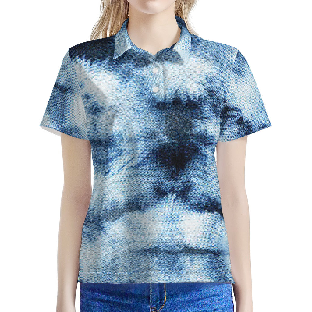 Blue And Black Acid Wash Tie Dye Print Women's Polo Shirt
