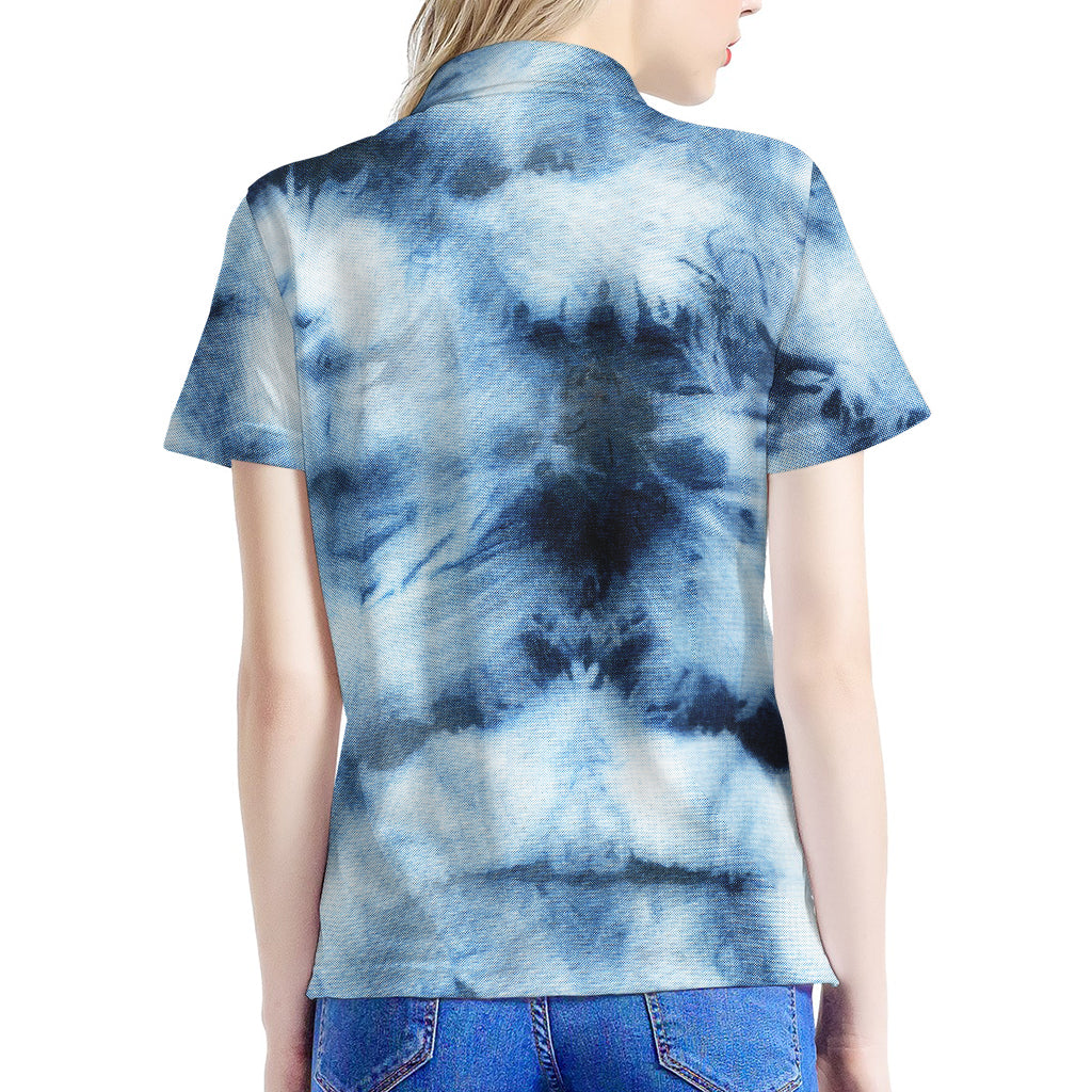 Blue And Black Acid Wash Tie Dye Print Women's Polo Shirt