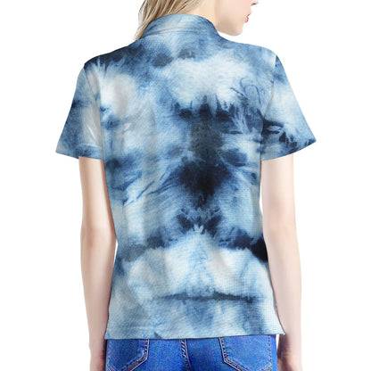 Blue And Black Acid Wash Tie Dye Print Women's Polo Shirt
